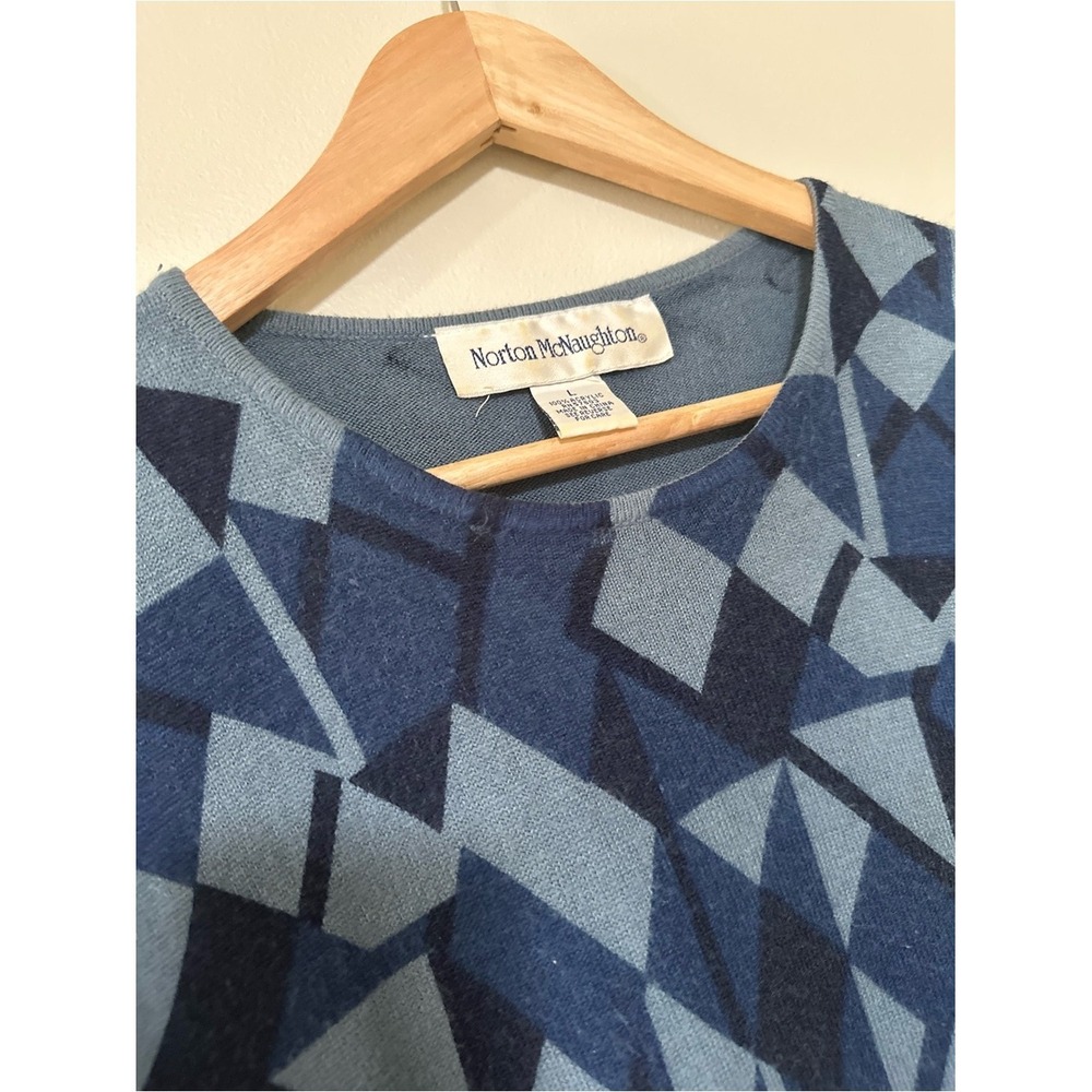 Vintage Geometric Mod Norton McNaughton Knit Top L Blue Short Sleeve Crewneck - Picture 2 of 3